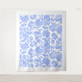Wit poederblauw  floraal damast patroon wandkleed