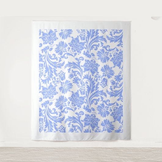 Wit poederblauw  floraal damast patroon wandkleed (Voorkant)