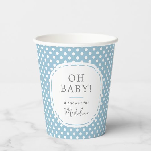 Wit Polka Dot Pattern Oh Baby shower Blauw Papieren Bekers (Achterkant)