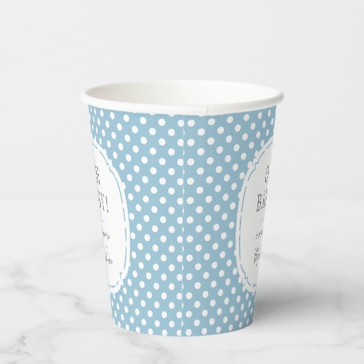 Wit Polka Dot Pattern Oh Baby shower Blauw Papieren Bekers (Rechts)