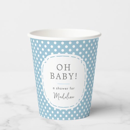 Wit Polka Dot Pattern Oh Baby shower Blauw Papieren Bekers (Voorkant)