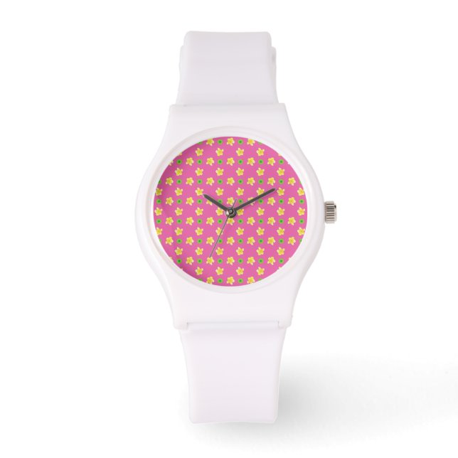 Wit Polshorloge Primroses en Polka's op Deep Pink Horloge (Voorkant)