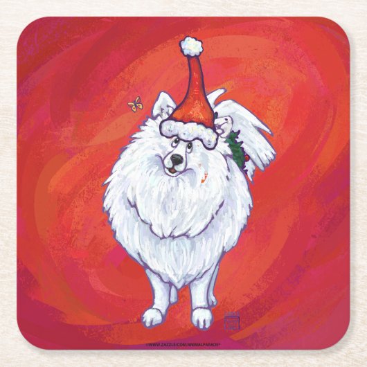Wit Pommerse in Santa Hat op Rood Kartonnen Onderzetters (Voorkant)