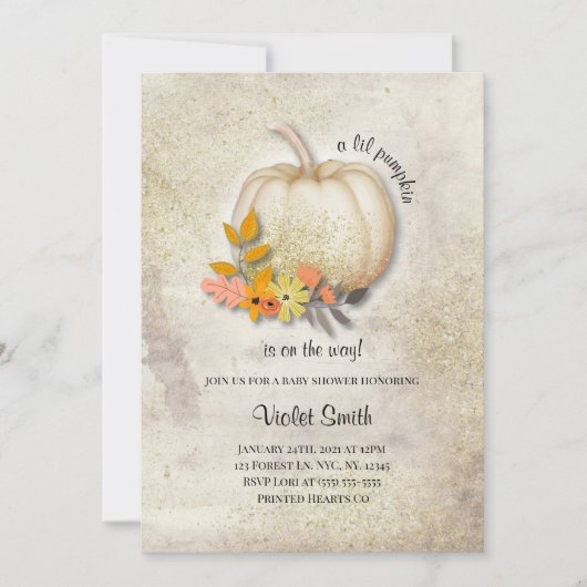 Wit Pompoen Baby shower Nodig met Gouden Glitter u Kaart (Voorkant)
