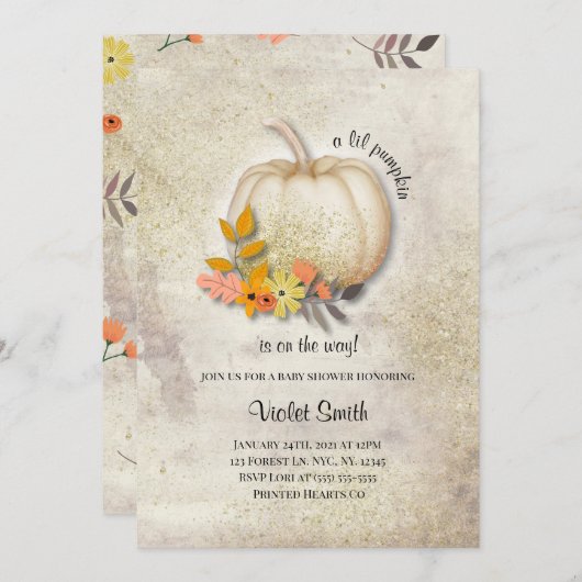 Wit Pompoen Baby shower Nodig met Gouden Glitter u Kaart (Voorkant / Achterkant)