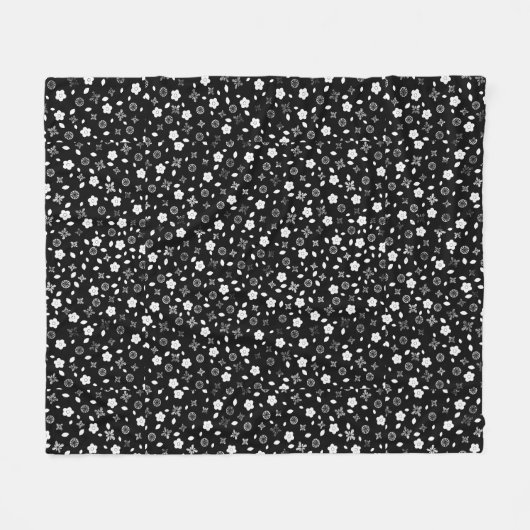 Wit Posy ontwerp op zwart Fleece Deken (Voorkant (Horizontaal))