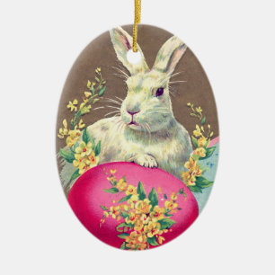 WIT-RABBIT MET EENVOUDIGERE EGG- EN SPRINGSTROMEN KERAMISCH ORNAMENT