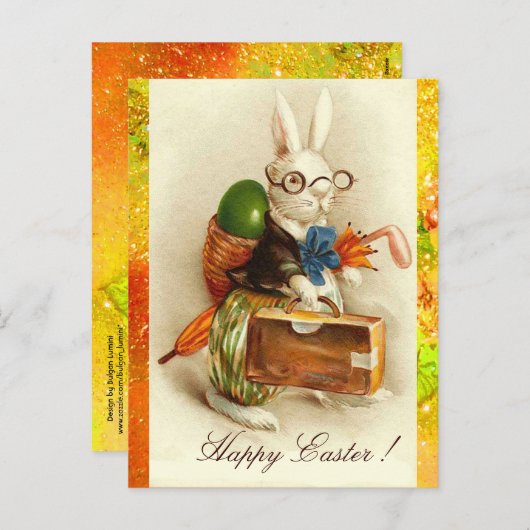 WIT-RABBIT MET EENVOUDIGERE EGG FEESTDAGENKAART (Voorkant / Achterkant)