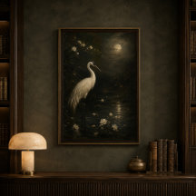 Wit Reiger Poster Onder Maanlicht | Vintage Vogelk