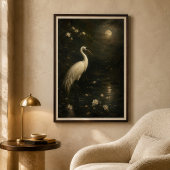 Wit Reiger Poster Onder Maanlicht | Vintage Vogelk