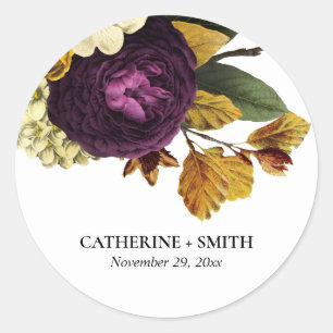 WIT  RETRO BURGUNDY HERFST FLORAL WEDING RONDE STICKER
