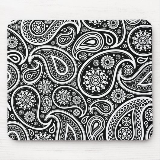 Wit Retro Paisley Patroon Ontwerp op Zwart Muismat (Voorkant)