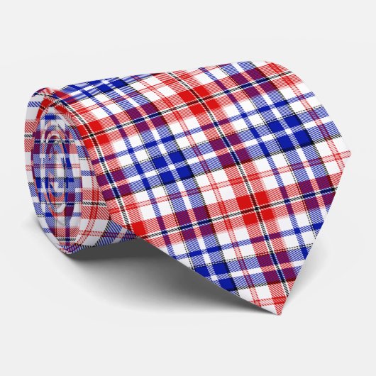 Wit Rood Blauw Geruit Schotse Ruitontwerp  Stropdas (Opgerold)