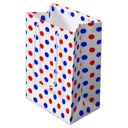 Wit Rood Blauw Stippen Design  Medium Cadeauzakje (Voorkant Gekanteld)