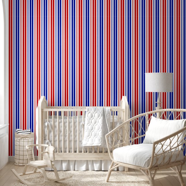 Wit Rood Blauw Strepen Patroon   Behang (Kinderen)