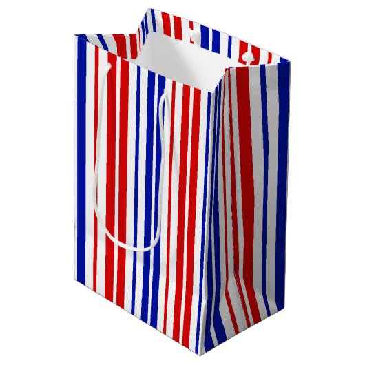 Wit Rood Blauw Strepen Patroon Medium Cadeauzakje (Voorkant Gekanteld)