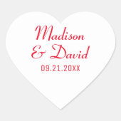 Wit Rood Bruiloft Paar Namen Datum Hart Sticker (Voorkant)
