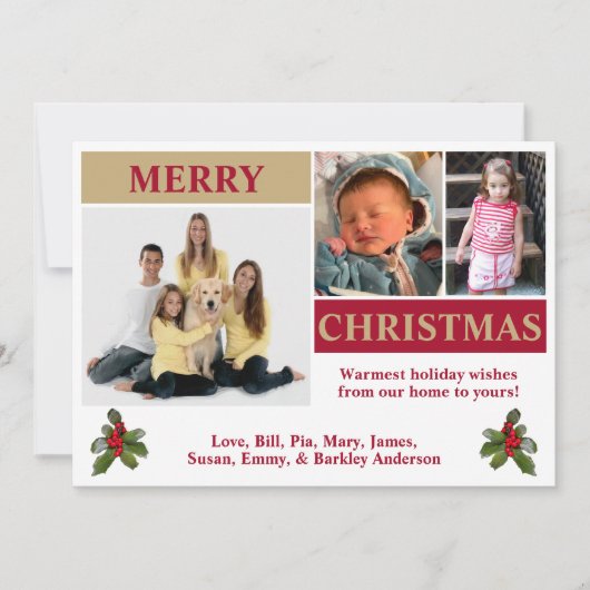Wit, rood en goud modern kerstkaart met 3 foto's (Voorkant)