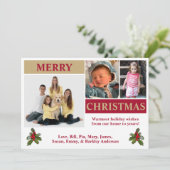Wit, rood en goud modern kerstkaart met 3 foto's (Staand voorkant)