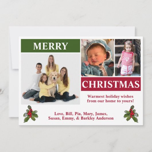 Wit, rood en groen modern kerstkaart met 3 foto's (Voorkant)