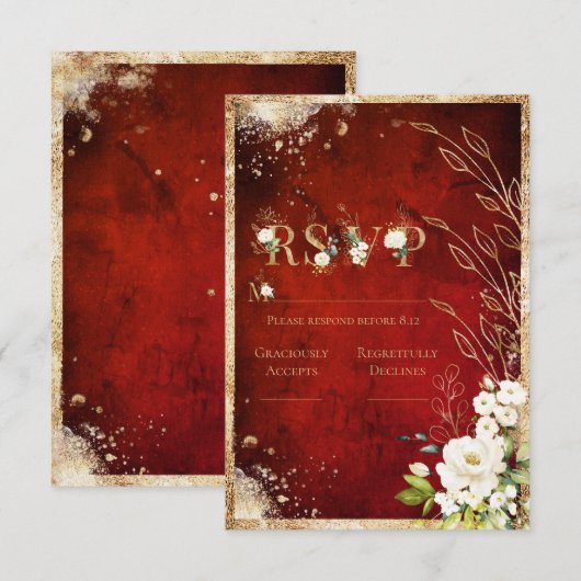Wit Rood Goud Botanisch Bloemmotief Rustiek  RSVP Kaartje (Voorkant / Achterkant)
