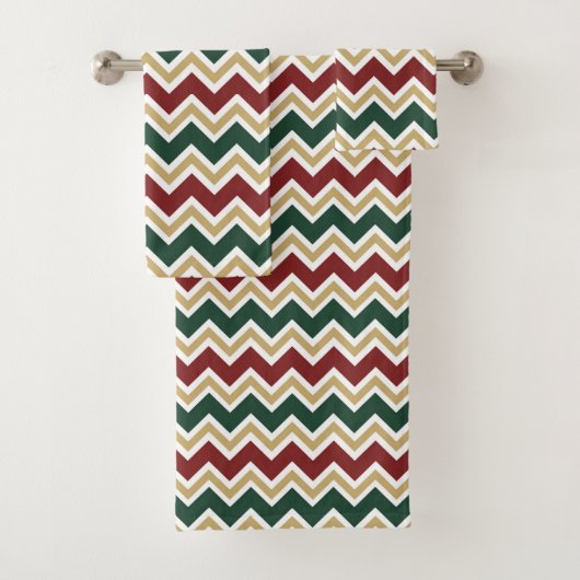 Wit Rood Groen Beige Chevron Patroon Bad Handdoek (Insitu)