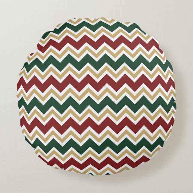 Wit Rood Groen Beige Chevron Patroon Rond Kussen (Voorkant)