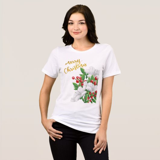 Wit Rood Groen Bloemengoud Vrolijk Kerstfeest Tri-Blend Shirt (Voorkant volledig)