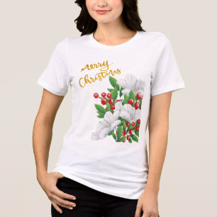 Wit Rood Groen Bloemengoud Vrolijk Kerstfeest Tri-Blend Shirt