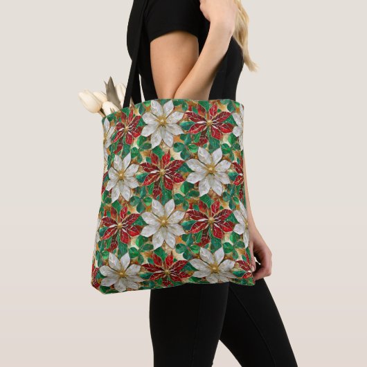 Wit rood groen goud poinsettia tote bag (Dichtbij)
