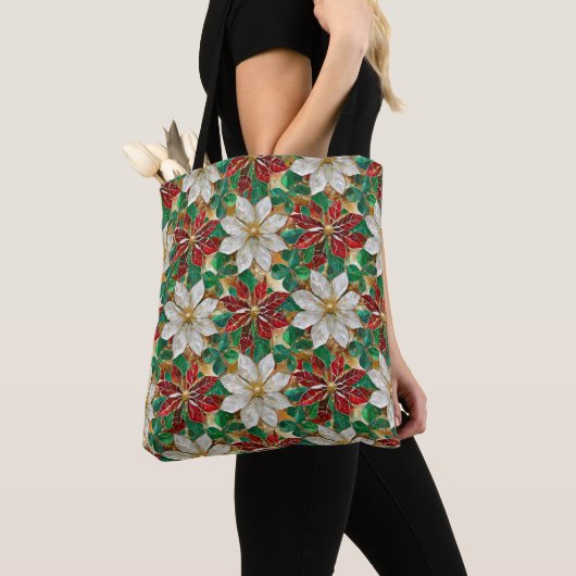 Wit rood groen goud poinsettia tote bag (Dichtbij)
