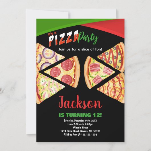 Wit Rood Groen Pizza Verjaardag Uitnodigingen (Voorkant)