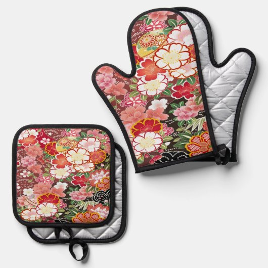  wit rood japans kimono bloembloem ovenwant & pannenlap set (Voorkant / Achterkant)