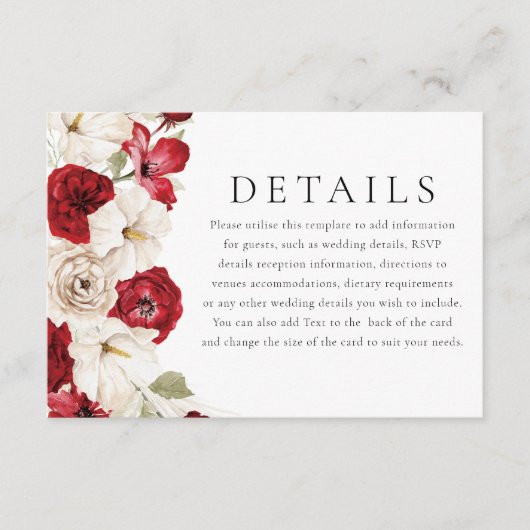 Wit & Rood Prachtige Bloemen Trouwdetails Informatiekaartje (Voorkant)