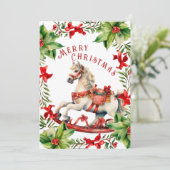 Wit Rood Rocking Horse Christmas Kaart (Staand voorkant)