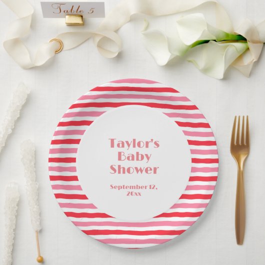 Wit Rood Roze Strepen Baby shower Papieren Bordje (Huwelijk)