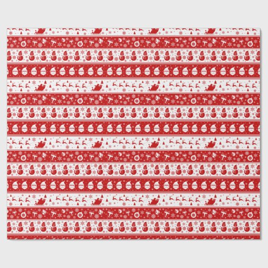 Wit & Rood Santa Gezicht en Sneeuwmanpatroon Cadeaupapier (Vlak)