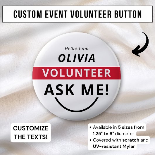 Wit Rood Vraag me Vrijwilliger Badge Evenement Naa Ronde Button 5,7 Cm