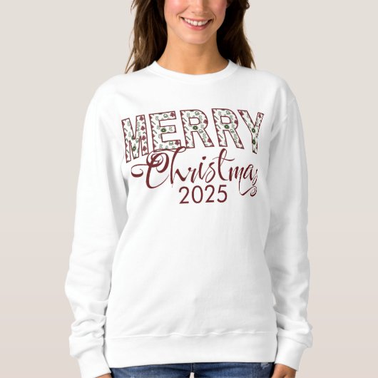 Wit Rood Vrolijk Kerstfeest 2025 T-shirt met lange (Voorkant)