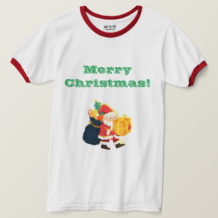 Wit/Rood Vrolijk Kerstfeest Wensen Gedrukt Ringer T-shirt