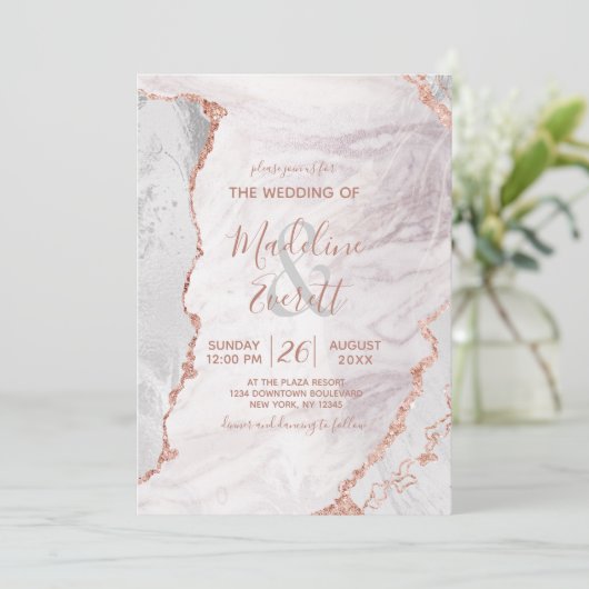Wit & Roos Goud Agaat Marmer Folie Modern Bruiloft Kaart (Staand voorkant)