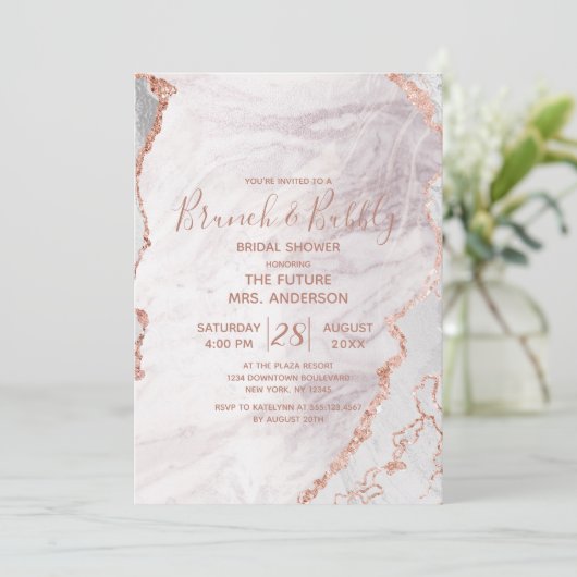 Wit & Roos Goud Brunch & Bubbly Vrijgezellenfeest Kaart (Staand voorkant)