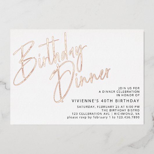 Wit & Roos Goud | Eenvoudig elegant verjaardagsdin Folie Uitnodiging (Voorkant)