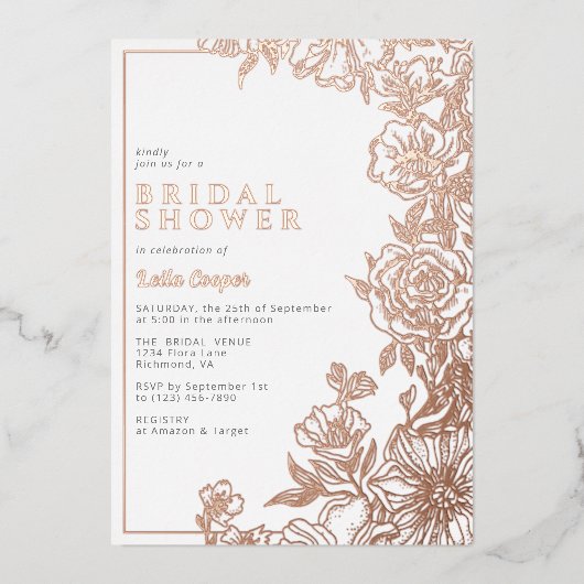 Wit & Roos Goud | Elegant bloemig Vrijgezellenfees Folie Uitnodiging (Voorkant)