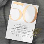 Wit & Roos Goud | Moderne minimale 50ste verjaarda Folie Uitnodiging<br><div class="desc">Moderne 50ste verjaardagsuitnodigingen met een grote kop "50" in echte metallic folie. De gegevens van uw evenement worden hieronder in mat zwart lettertype afgedrukt. Roos goud op een witte achtergrond. (Achtergrondkleuren kunnen worden gewijzigd met het ontwerpgereedschap. U kunt ook het type metalen folie wijzigen.)</div>