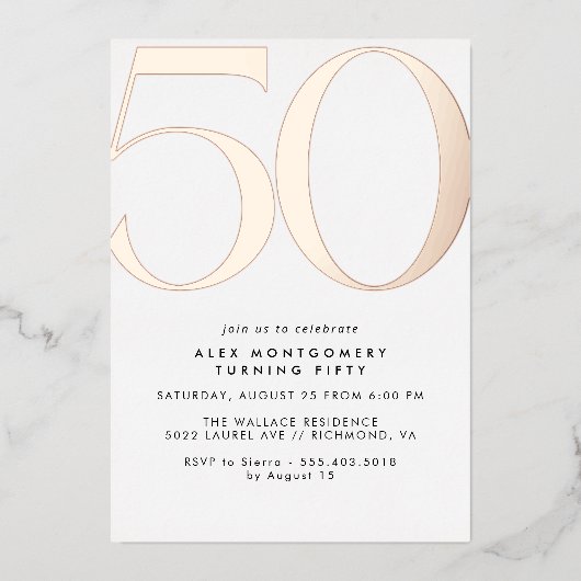 Wit & Roos Goud | Moderne minimale 50ste verjaarda Folie Uitnodiging (Voorkant)