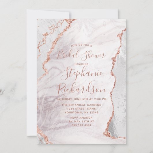 Wit & Roos Gouden Agaat Bruidsdoucheuitnodiging Kaart (Voorkant)