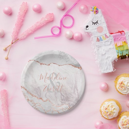 Wit & Roos Gouden Agaat Marmer Bruiloft Monogram Papieren Bordje (Feest)