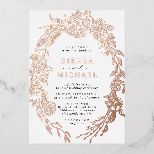 Wit & Roos Gouden Bloemen | Elegant Tuin Bruiloft Folie Uitnodiging (Voorkant)