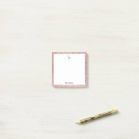 Wit + Roos Gouden Glitter Flamingo & Rand, Naam Post-it® Notes (Op bureau)